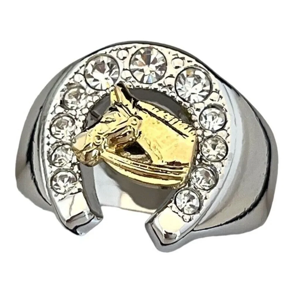 Vintage 1980s Ring Size 9 Horseshoe Horse CZ Two Tone Gold Plated - 14P
